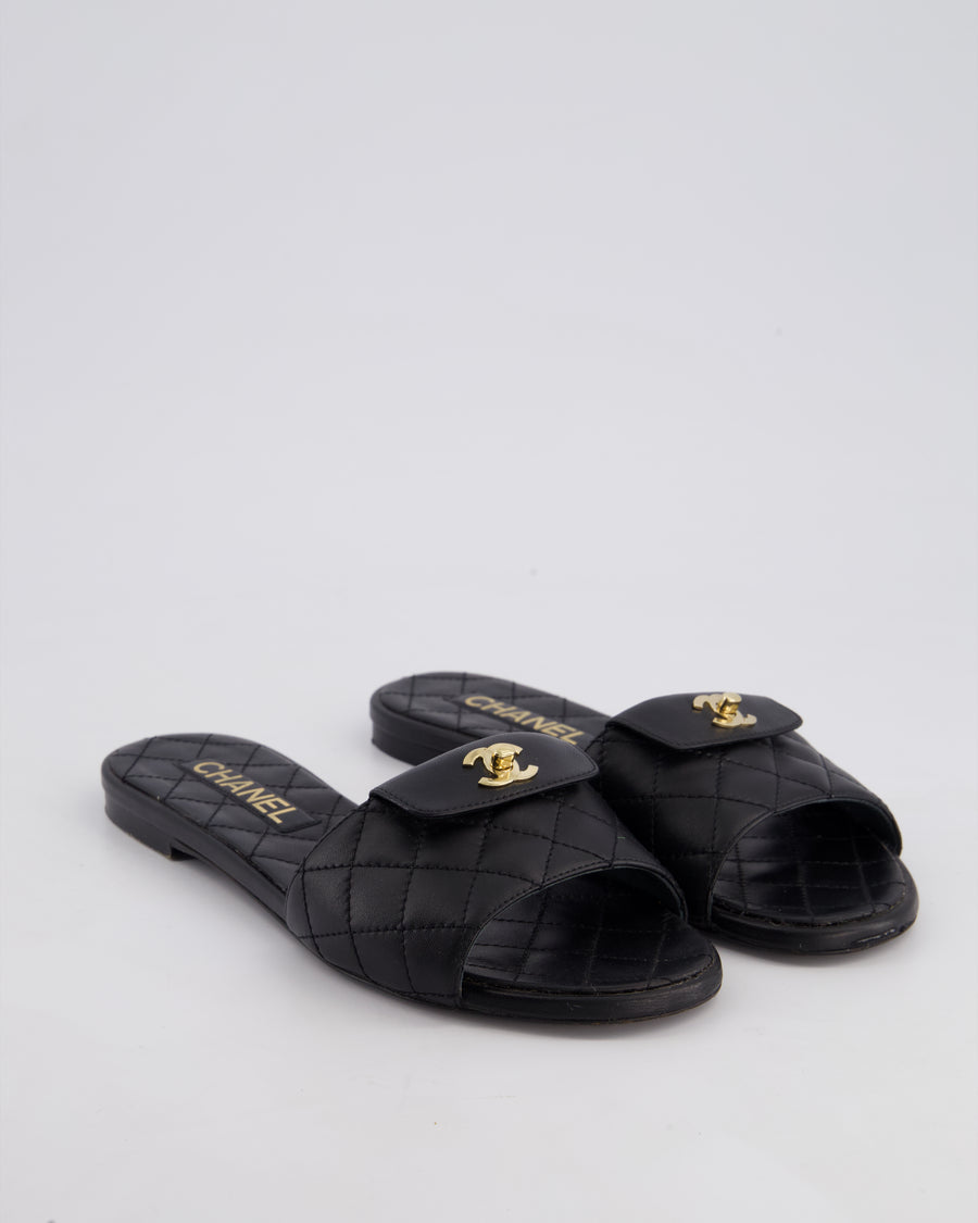 Chanel Black Quilted Leather Sandals with CC Twist Lock Details Size EU 38C
