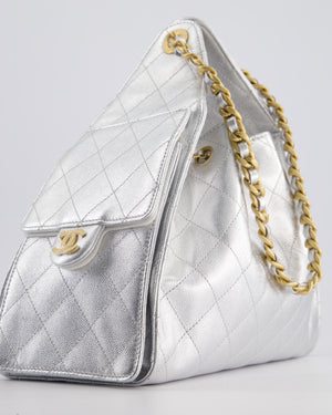*RARE* Chanel 25 Small Handbag in Metallic Silver Grained Calfskin Leather with Antique Gold Hardware&nbsp;