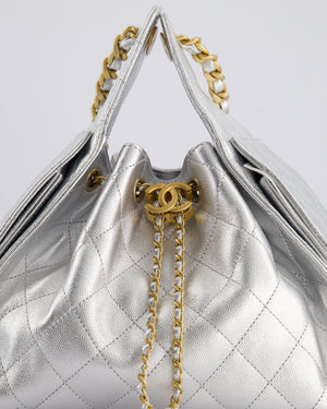 *RARE* Chanel 25 Small Handbag in Metallic Silver Grained Calfskin Leather with Antique Gold Hardware&nbsp;