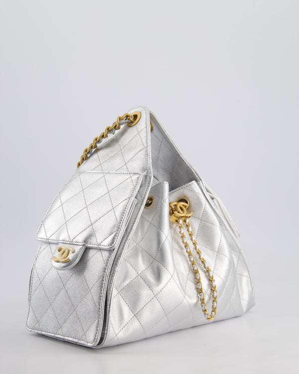 *RARE* Chanel 25 Small Handbag in Metallic Silver Grained Calfskin Leather with Antique Gold Hardware&nbsp;