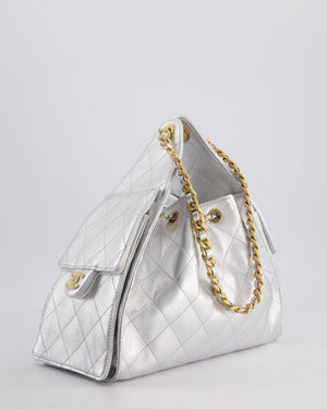 *RARE* Chanel 25 Small Handbag in Metallic Silver Grained Calfskin Leather with Antique Gold Hardware&nbsp;