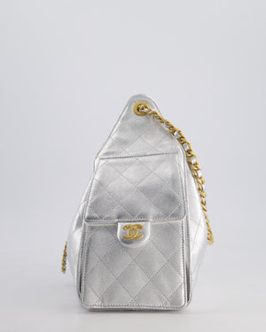 *RARE* Chanel 25 Small Handbag in Metallic Silver Grained Calfskin Leather with Antique Gold Hardware&nbsp;