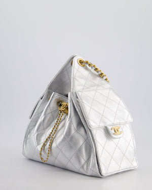 *RARE* Chanel 25 Small Handbag in Metallic Silver Grained Calfskin Leather with Antique Gold Hardware&nbsp;