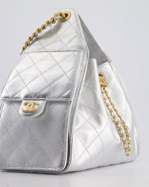 *RARE* Chanel 25 Small Handbag in Metallic Silver Grained Calfskin Leather with Antique Gold Hardware&nbsp;