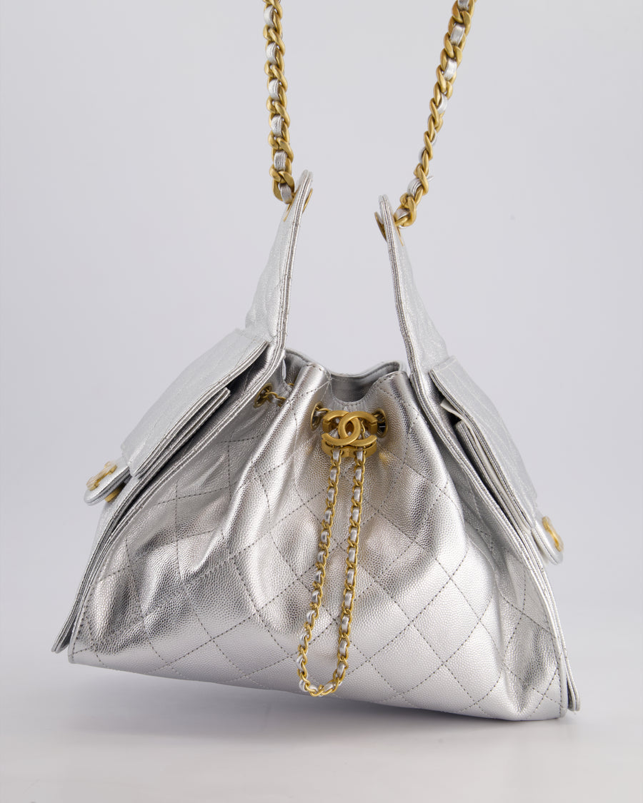*RARE* Chanel 25 Small Handbag in Metallic Silver Grained Calfskin Leather with Antique Gold Hardware&nbsp;