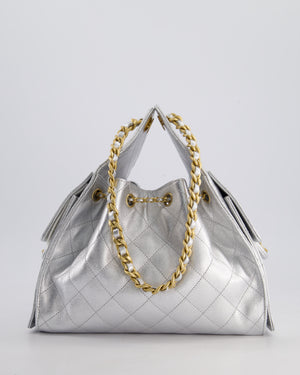 *RARE* Chanel 25 Small Handbag in Metallic Silver Grained Calfskin Leather with Antique Gold Hardware&nbsp;