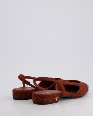 Chanel Toffee Brown Tweed Flat Slingback Shoes with Gold CC Logo Detail Size 37