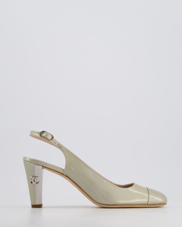 Chanel Beige Patent Leather Sling Back Heels with CC Logo Detail Size EU 41