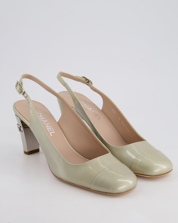 Chanel Beige Patent Leather Sling Back Heels with CC Logo Detail Size EU 41