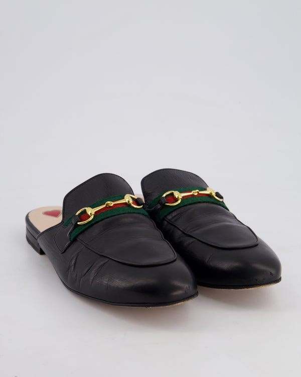 Gucci Black Leather Horsebit Princetown Loafers with Green and Red Detail Size EU 42