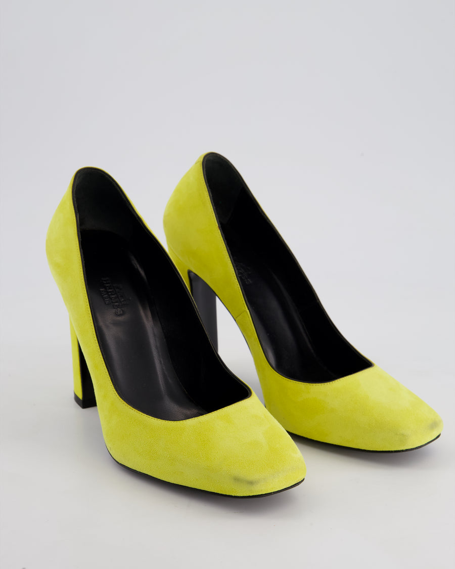 Hermès Lime Yellow Suede Squared Toe Heels Size EU 37.5