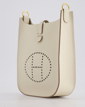 *SUPER RARE* Hermès Mini Evelyne Sellier Bag in Craie Epsom Leather with Gold Hardware and White Canvas Strap