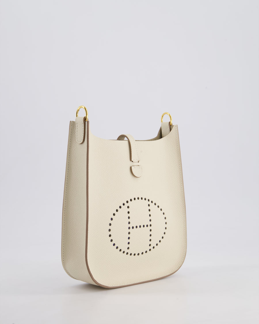 *SUPER RARE* Hermès Mini Evelyne Sellier Bag in Craie Epsom Leather with Gold Hardware and White Canvas Strap
