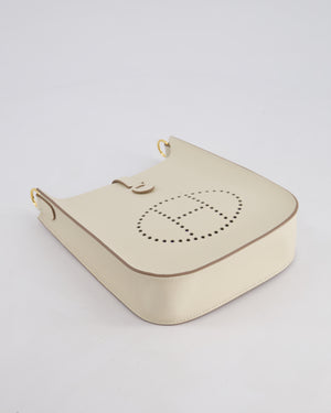 *SUPER RARE* Hermès Mini Evelyne Sellier Bag in Craie Epsom Leather with Gold Hardware and White Canvas Strap