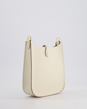 *SUPER RARE* Hermès Mini Evelyne Sellier Bag in Craie Epsom Leather with Gold Hardware and White Canvas Strap