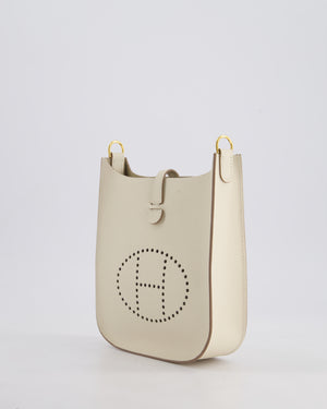 *SUPER RARE* Hermès Mini Evelyne Sellier Bag in Craie Epsom Leather with Gold Hardware and White Canvas Strap