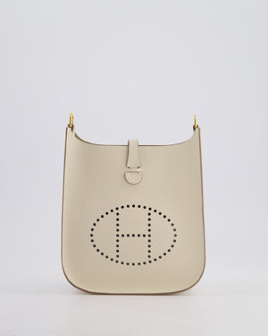 *SUPER RARE* Hermès Mini Evelyne Sellier Bag in Craie Epsom Leather with Gold Hardware and White Canvas Strap