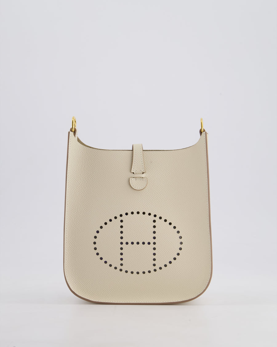 *SUPER RARE* Hermès Mini Evelyne Sellier Bag in Craie Epsom Leather with Gold Hardware and White Canvas Strap