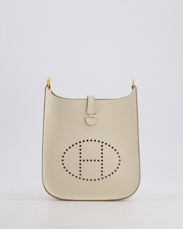 *SUPER RARE* Hermès Mini Evelyne Sellier Bag in Craie Epsom Leather with Gold Hardware and White Canvas Strap