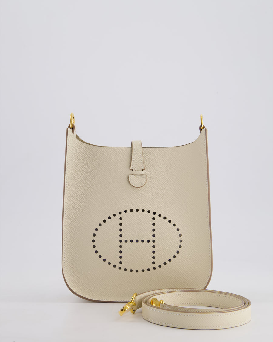 *SUPER RARE* Hermès Mini Evelyne Sellier Bag in Craie Epsom Leather with Gold Hardware and White Canvas Strap