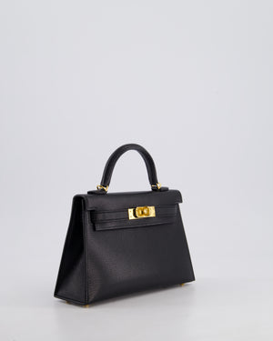 *HOT* Hermès Mini Kelly II 20cm Bag In Noir Chèvre Chamkila Leather with Gold Hardware