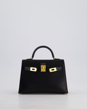 *HOT* Hermès Mini Kelly II 20cm Bag In Noir Chèvre Chamkila Leather with Gold Hardware