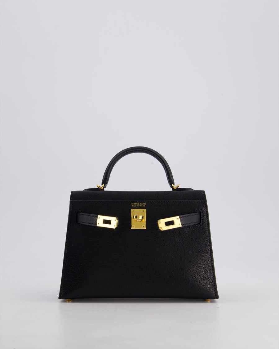*HOT* Hermès Mini Kelly II 20cm Bag In Noir Chèvre Chamkila Leather with Gold Hardware