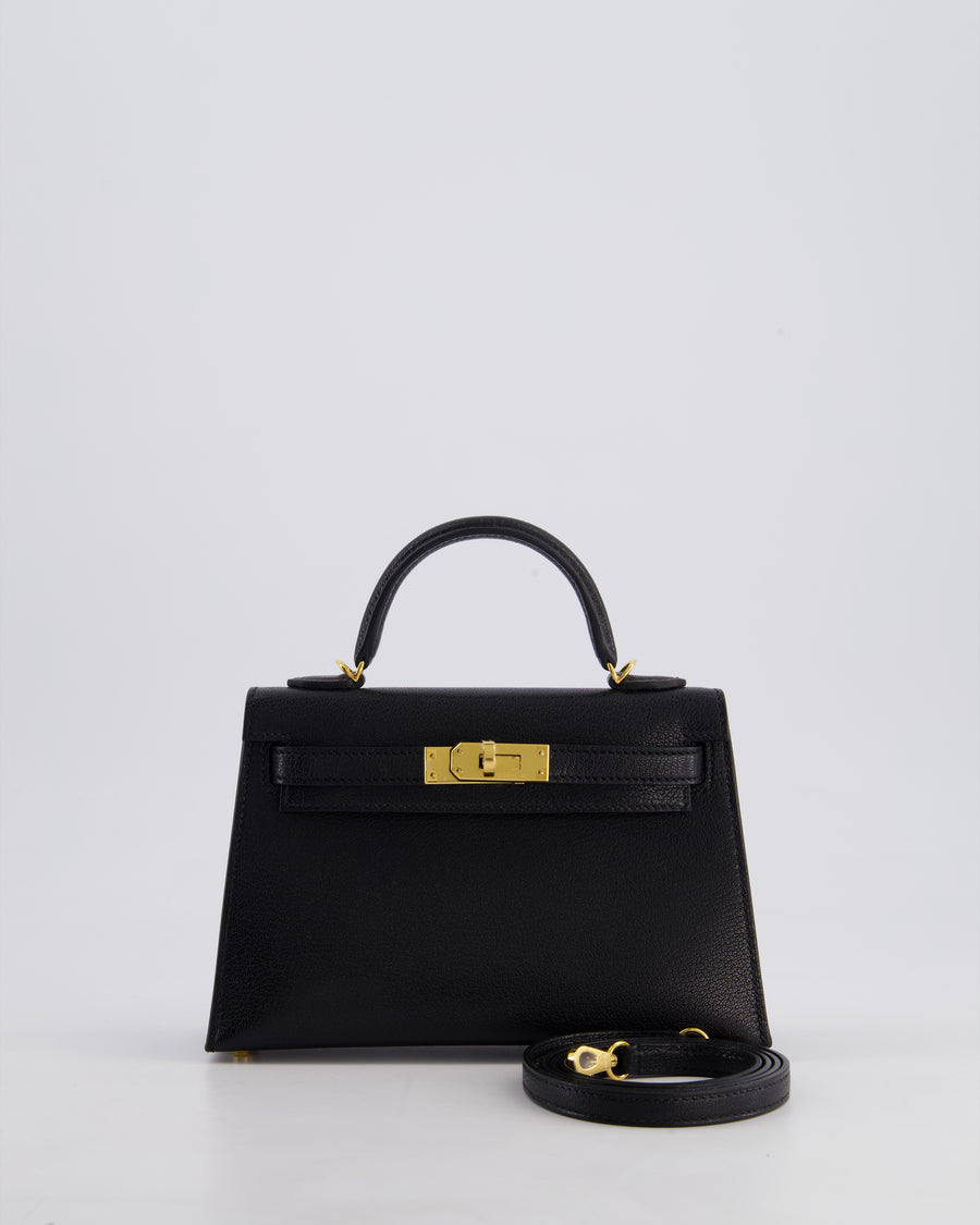 *HOT* Hermès Mini Kelly II 20cm Bag In Noir Chèvre Chamkila Leather with Gold Hardware