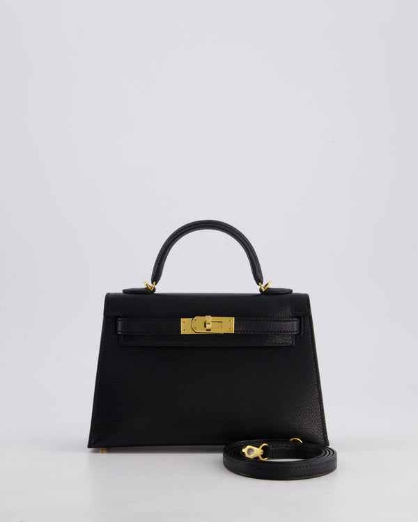 *HOT* Hermès Mini Kelly II 20cm Bag In Noir Chèvre Chamkila Leather with Gold Hardware
