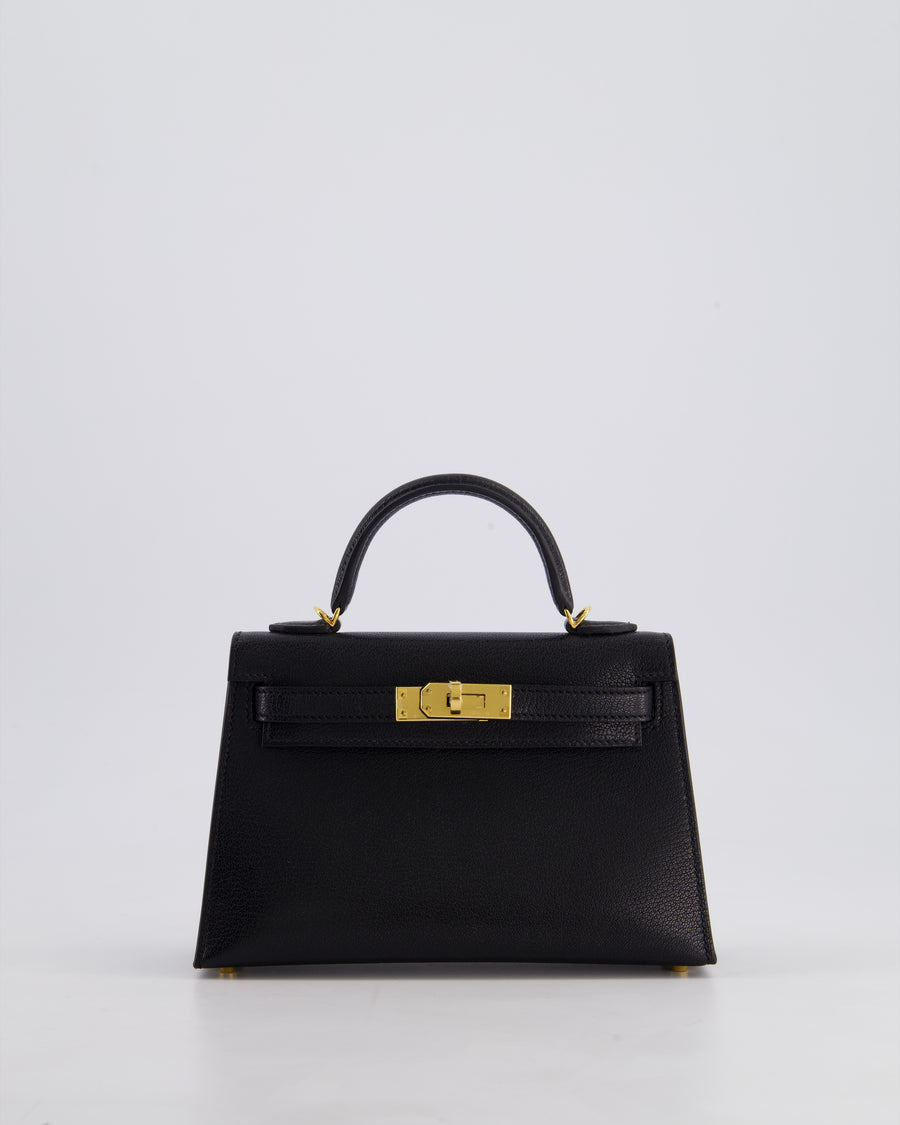 *HOT* Hermès Mini Kelly II 20cm Bag In Noir Chèvre Chamkila Leather with Gold Hardware