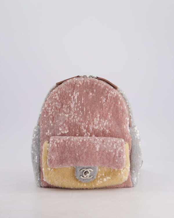 Chanel Pink and Blue Sequin Mini Backpack Bag with Silver Hardware