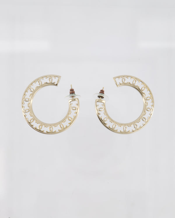 Chanel Champagne Gold Large Round CC Hoop Earrings with CC Cutout Monogram