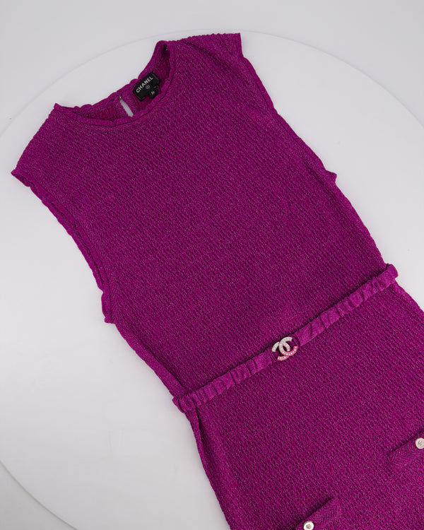 Chanel Purple Metallic Knit Sleeveless Midi Dress with Logo Button Detail and CC Logo Waist Belt Size FR 36 (UK 8)