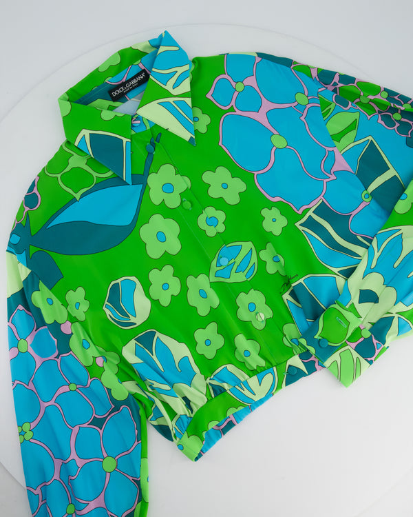 Dolce & Gabbana Green and Blue Floral Cropped Silk Shirt Size IT 42 (UK 10)