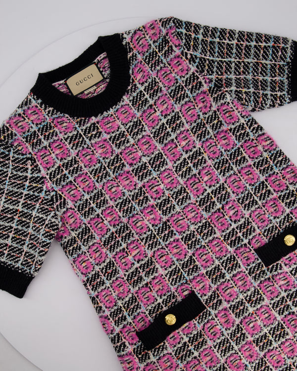 Gucci Black, Pink and White Tweed Logo Knit Short Sleeve Dress with Pocket Detail and Gold Logo Buttons Size S (UK 8)