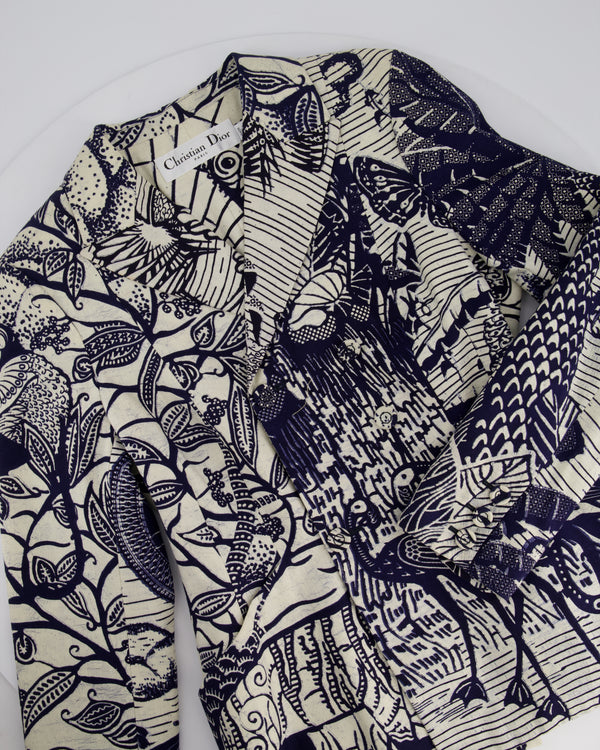 Christian Dior Cruise 2020 Cream and Blue Botanical Printed Button Down Bar Jacket Size FR 38 (UK 10)