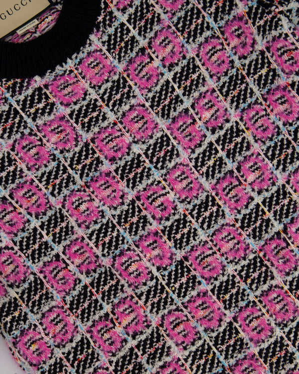 Gucci Black, Pink and White Tweed Logo Knit Short Sleeve Dress with Pocket Detail and Gold Logo Buttons Size S (UK 8)
