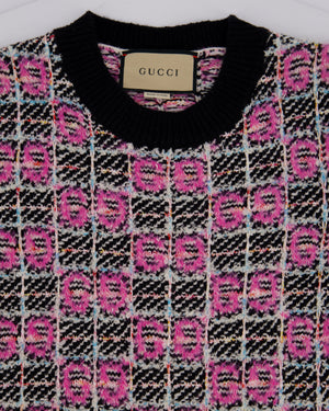 Gucci Black, Pink and White Tweed Logo Knit Short Sleeve Dress with Pocket Detail and Gold Logo Buttons Size S (UK 8)