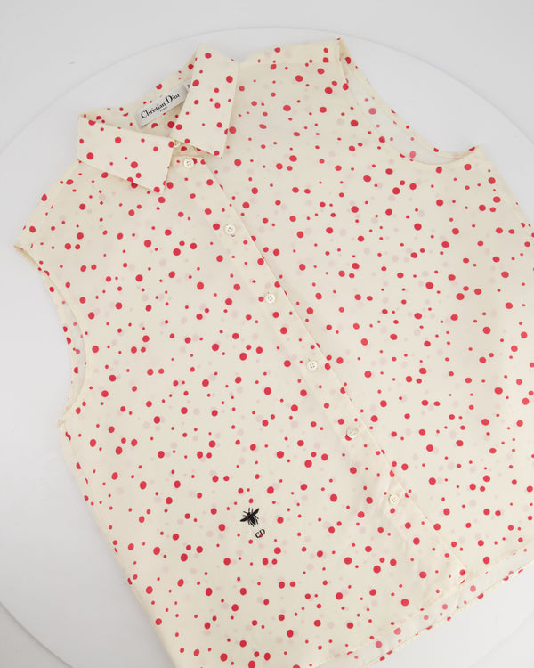 Christian Dior Cream and Red Polka Dot Sleeveless Silk Button Down Blouse Size FR 40 (UK 12)