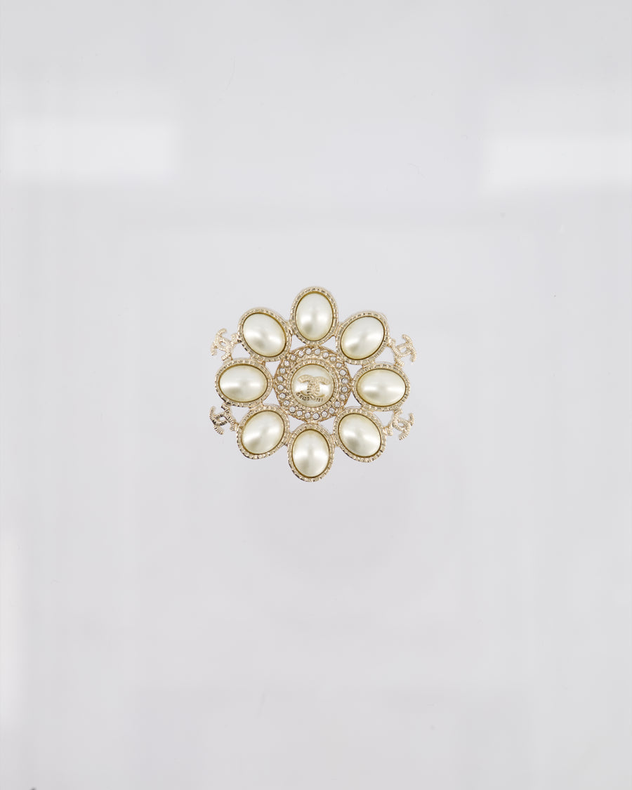 Chanel Pearl and Champagne Gold Floral Brooch with CC Logos and Crystals