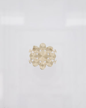 Chanel Pearl and Champagne Gold Floral Brooch with CC Logos and Crystals