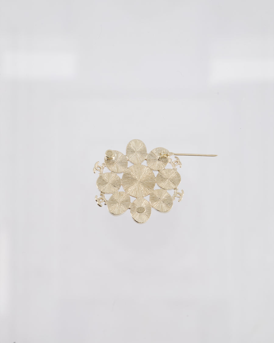 Chanel Pearl and Champagne Gold Floral Brooch with CC Logos and Crystals