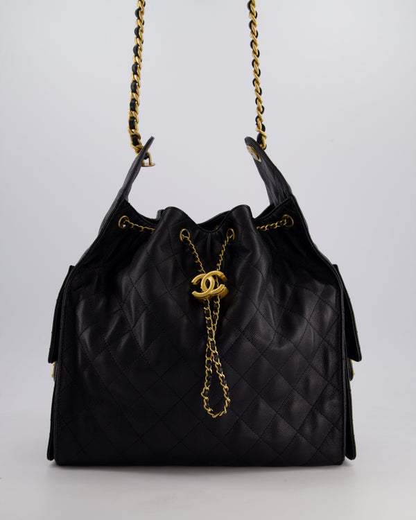 *RARE* Chanel 25 Medium Handbag in Black Grained Calfskin Leather with Antique Gold Hardware