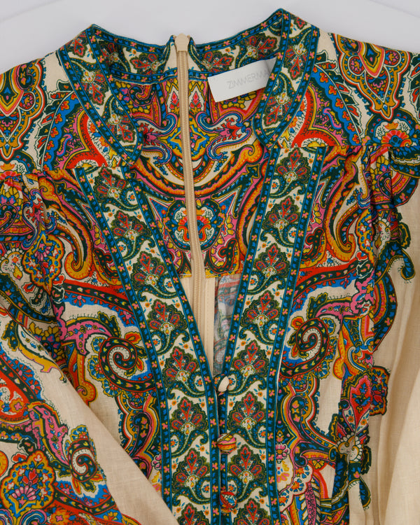 Zimmermann Beige & Multicolour Paisley Print Short Dress with Long Sleeve Size 1 (UK 10)