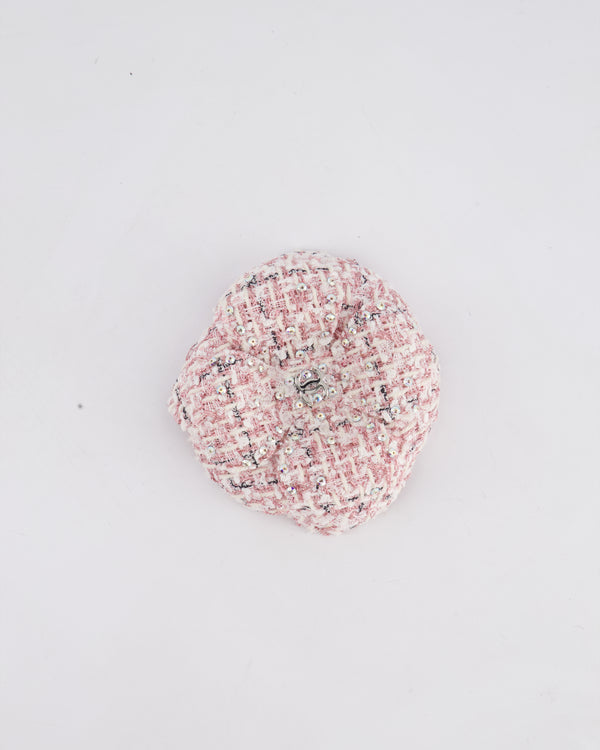 *HOT* Chanel 20P Light Pink & White Tweed Camelia Brooch with Silver CC Detail