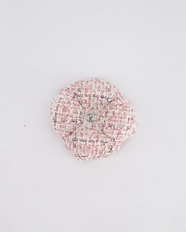 *HOT* Chanel 20P Light Pink & White Tweed Camelia Brooch with Silver CC Detail