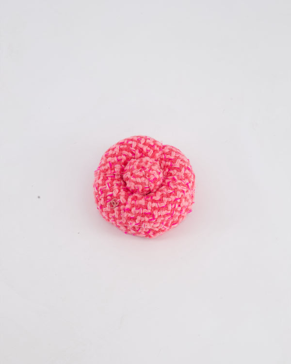 Chanel Pink Tweed Camelia Brooch with Pink CC Detail