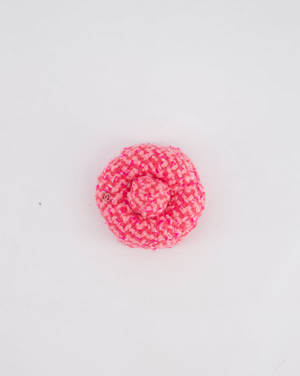 Chanel Pink Tweed Camelia Brooch with Pink CC Detail