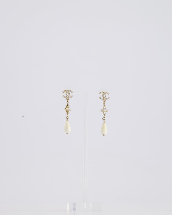 Chanel 23A Champagne Gold Crystal CC Logo & Flower Pendant Earrings with White Detail