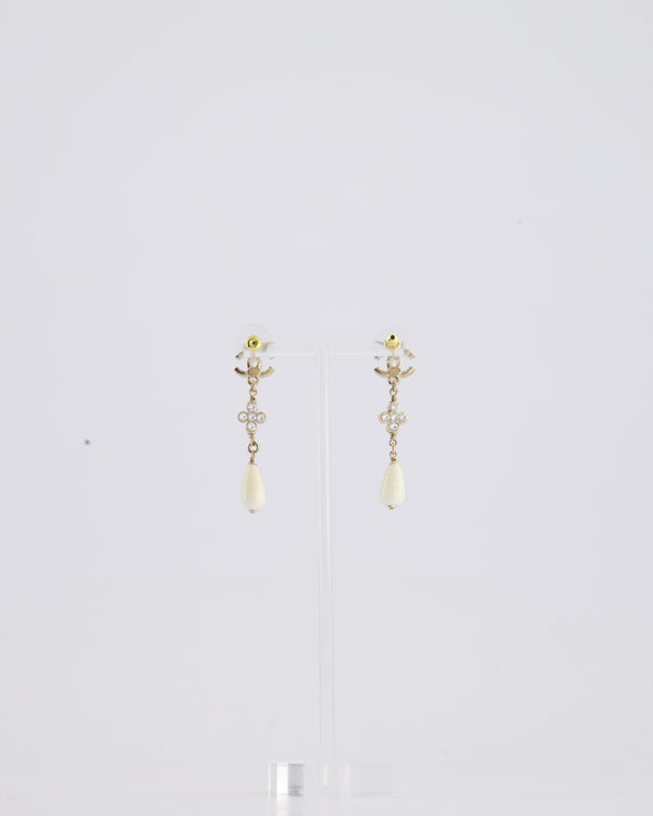 Chanel 23A Champagne Gold Crystal CC Logo & Flower Pendant Earrings with White Detail